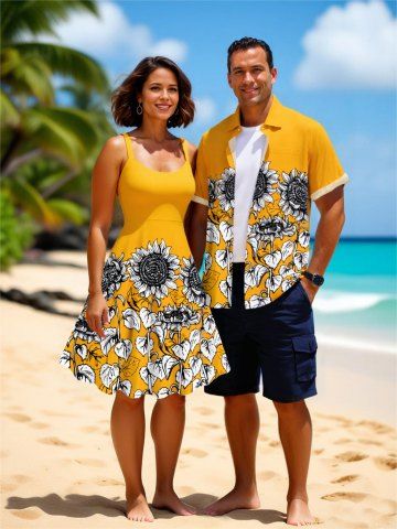 Sunflowers Leaf Print Plus Size Matching Hawaii Beach Outfit For Couples - ORANGE