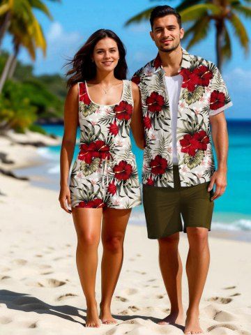 Ensemble chemise et barboteuse hawaïennes assorties, tenue de plage grande taille, imprimé feuilles tropicales et hibiscus, pour couples