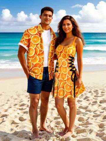 Tenue de plage hawaïenne assortie grande taille à imprimé orange pour couples