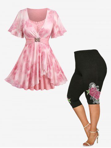 Ensemble 2 en 1 haut à imprimé floral rose, ourlet tulipe, surplis et legging capri taille haute, grande taille