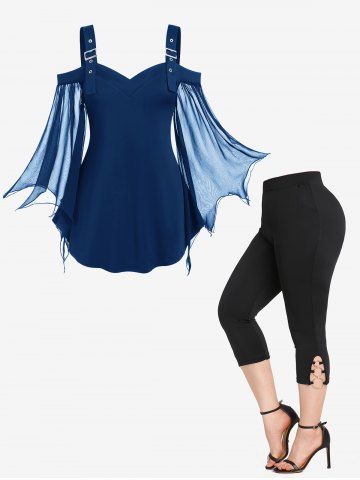 Haut à manches cloche en maille à épaules dénudées et poches à anneaux, leggings capri grande taille