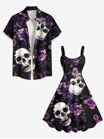 Skulls Rose Flower Print Plus Size Matching Hawaii Beach Outfit For Couples - BLACK
