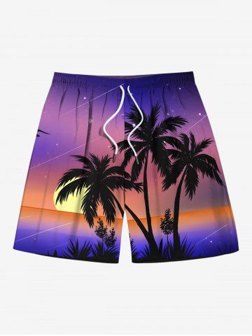 Plus Size Coconut Tree Sun Ombre Sky Print Hawaii Beach Shorts For Men - PURPLE - 8XL