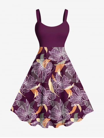 Plus Size Flowers Leaf Print Hawaii Tank Dress - PURPLE - XXS
