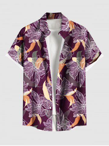 Plus Size Flowers Leaf Print Buttons Pocket Hawaii Shirt For Men - PURPLE - 6XL