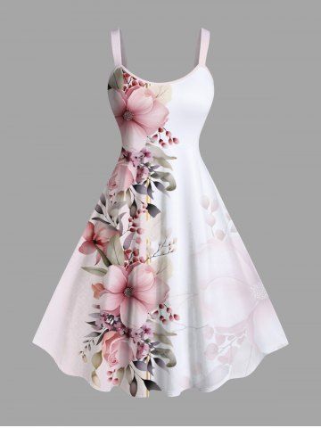 Plus Size Flowers Leaf Print Hawaii Tank Dress - WHITE - XXS