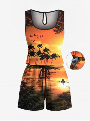 Plus Size Coconut Tree Bird Seascape Print Cinched Hawaii Romper - ORANGE - XS