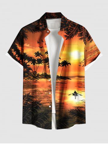Plus Size Coconut Tree Bird Seascape Print Buttons Pocket Hawaii Shirt For Men - BLACK - S