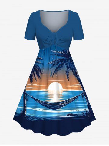 Plus Size Coconut Tree Sun Seascape Waves Hammock Print Cinched Hawaii Dress - SKY BLUE - XXS