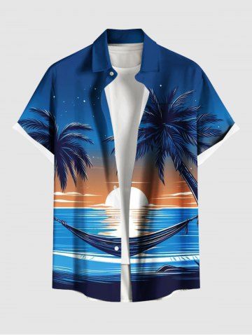 Plus Size Coconut Tree Sun Seascape Waves Hammock Print Buttons Pocket Hawaii Shirt For Men - BLUE - S