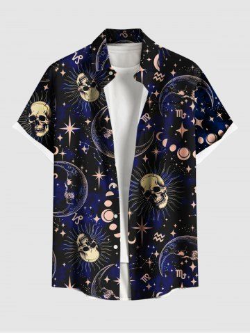 Plus Size Galaxy Skulls Moon Sun Star Print Buttons Pocket Hawaii Shirt For Men - BLUE - S