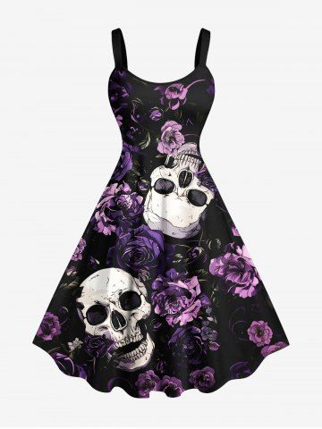 Plus Size Skulls Rose Flower Print Hawaii Tank Dress - BLACK - 4X