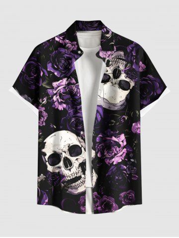 Plus Size Skulls Rose Flower Print Buttons Pocket Hawaii Shirt For Men - BLACK - S