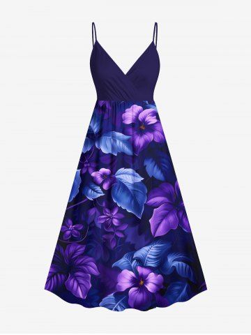 Plus Size Hibiscus Flowers Leaf Tropical Print Surplice Hawaii Cami Dress - BLUE - 4X