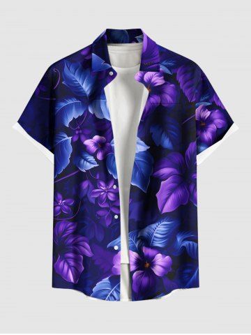Plus Size Hibiscus Flowers Leaf Tropical Print Buttons Pocket Hawaii Shirt For Men - BLACK - S