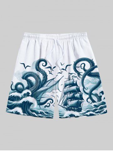 Plus Size Octopus Sailboat Sea Waves Bird Print Hawaii Cruise Drawstring Beach Shorts For Men - WHITE - 8XL