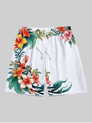 Plus Size Tropical Leaves Floral Print Hawaii Drawstring Beach Shorts For Men - WHITE - 8XL