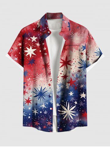 Plus Size Tie Dye Ombre Patriotic American Flag Fireworks Print Button Pocket Shirt For Men - RED - S