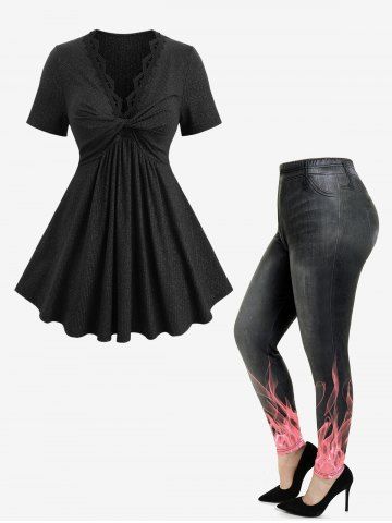 Glitter Ribbed Twist Geometric Flower Trim Neck Top and 3D Jeans Flame Print Leggings Plus Size Outfit - BLACK