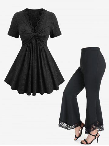 Haut à col côtelé à motif floral géométrique et paillettes torsadées et pantalon évasé taille haute à empiècements en dentelle, tenue grande taille
