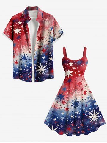 Tie Dye Ombre Patriotic American Flag Fireworks Print Plus Size Matching Outfit For Couples - RED