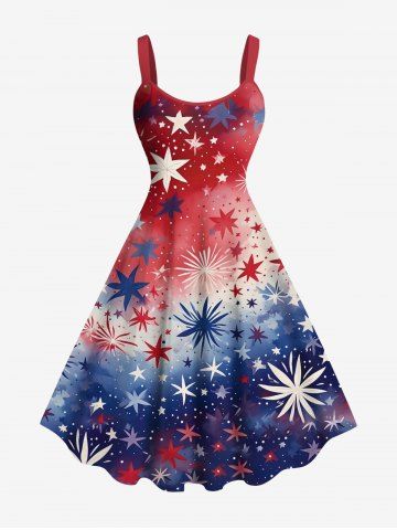 Plus Size Tie Dye Ombre Patriotic American Flag Fireworks Print A Line Tank Dress - RED - XXS