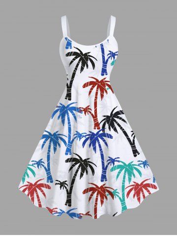 Plus Size Colorful Coconut Tree Print Hawaii A Line Tank Dress - WHITE - XS