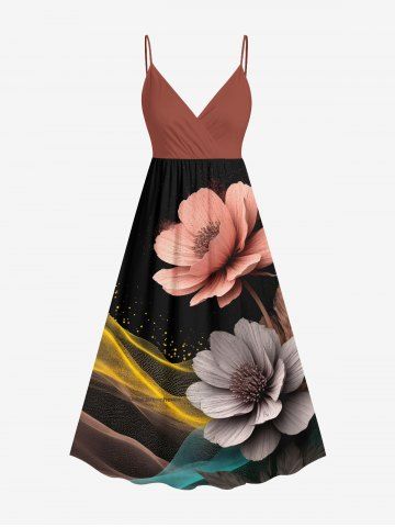 Plus Size Floral Glitter Light Beam Print Hawaii Surplice A Line Cami Dress - BLACK - 5X