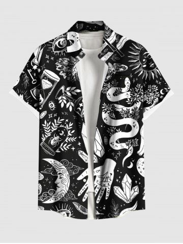 Chemise grande taille à imprimé floral, serpent, lune, nuage, main, boutonnée et poche pour homme - BLACK - 6XL