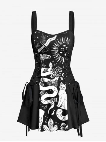 Floral Snake Sun Cat Hand Print Lace Up A Line Tank Dress - BLACK - XS