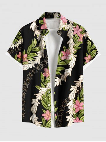 Chemise hawaïenne grande taille à imprimé floral, feuilles et branches, avec poches boutonnées pour homme