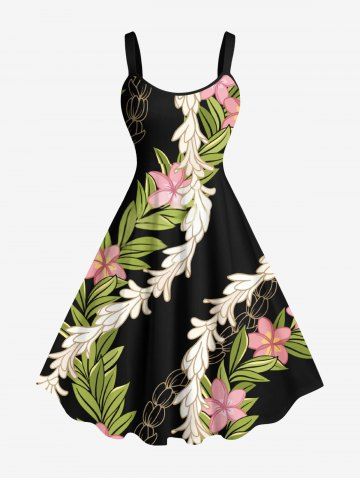 Plus Size Flower Leaf Branch Print Hawaii A Line Tank Dress - BLACK - 4X