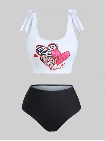 Plus Size Zebra Leopard Sparkling Sequin Heart Print Tie Shoulder Tankini Swimsuit - RED - 4XL