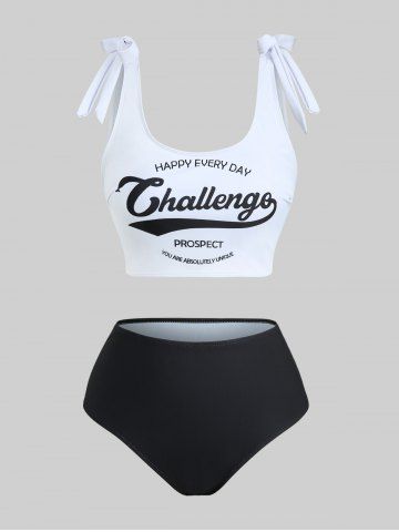 Plus Size Happy Every Day Letters Print Tie Shoulder Tankini Swimsuit - BLACK - 4XL