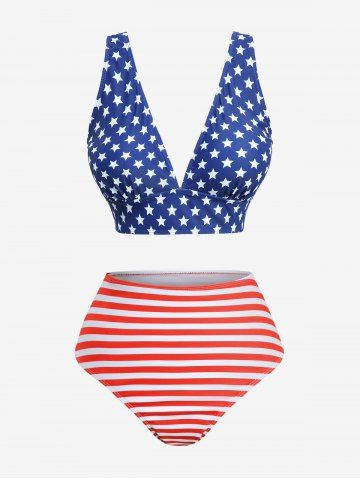 Plus Size Patriotic American Flag Print Deep V-neck Tankini Swimsuit - BLUE - 4XL
