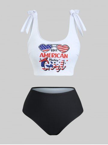 Plus Size Patriotic American Flag Heart Sunglasses Letters Print Tankini Swimsuit - WHITE - 4XL