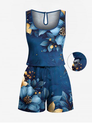 Plus Size Two Tone Hibiscus Flower Leaf Galaxy Print Hawaii Drawstring Pocket Romper
