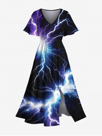 Plus Size Glitter Lightning Print Hawaii Split Pocket A Line Midi Dress - DEEP BLUE - XS