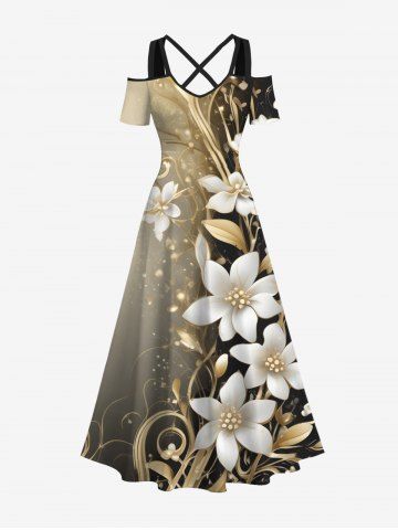 Robe longue hawaïenne grande taille à imprimé floral et feuilles d&#39;hibiscus ombré, épaules dénudées, croisée, coupe trapèze - COFFEE - 6X