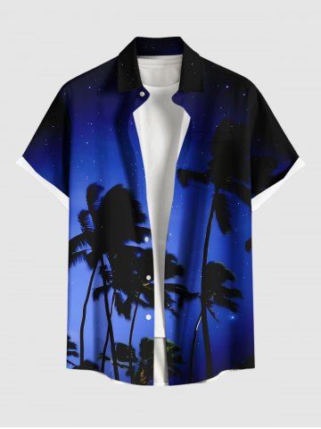 Plus Size Coconut Tree Ombre Galaxy Print Hawaii Button Pocket Shirt For Men - BLUE - S