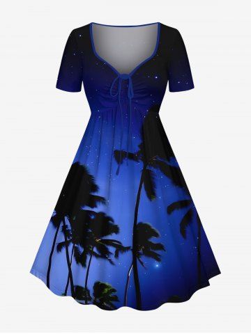 Plus Size Coconut Tree Ombre Galaxy Print Hawaii Cinched A Line Dress - BLUE - 5X
