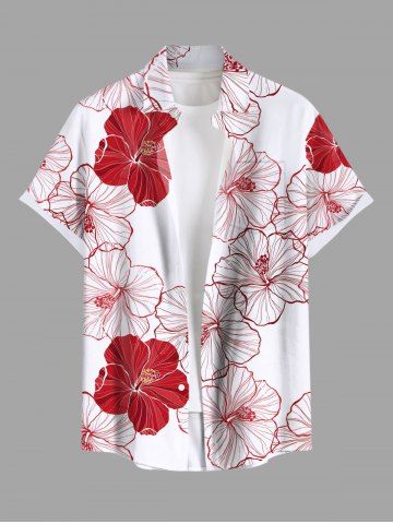 Plus Size Textured Hibiscus Flower Print Hawaii Button Pocket Shirt For Men - WHITE - 4XL
