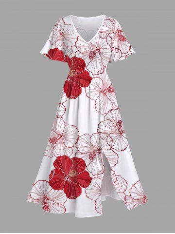 Plus Size Textured Hibiscus Flower Print Hawaii Split Pocket A Line Midi Dress - RED - XS