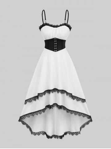 Hook-And-Eye Waist Ruched Panel Eyelash Lace Trim High Low Cami Dress - WHITE - XXXL