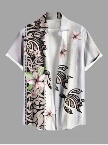 Chemise hawaïenne à imprimé ethnique tortue et fleurs, grande taille, avec poche boutonnée, pour homme - WHITE - M