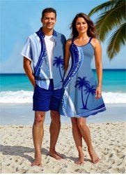 Coconut Tree Curve Colorblock Print Plus Size Matching Hawaii Beach Outfit For Couples -  