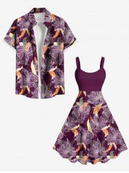 Tenue de plage hawaïenne assortie grande taille à imprimé fleurs et feuilles pour couples - Pourpre  