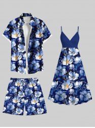 Tenue de plage hawaïenne assortie grande taille à imprimé floral pour couples - Bleu 