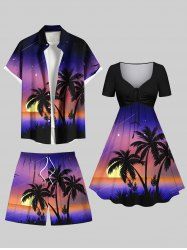 Tenue de plage hawaïenne assortie grande taille à imprimé ombré cocotier, soleil et galaxie, pour couples - Pourpre  