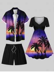 Tenue de plage hawaïenne assortie grande taille à imprimé ombré cocotier, soleil et galaxie, pour couples - Pourpre  